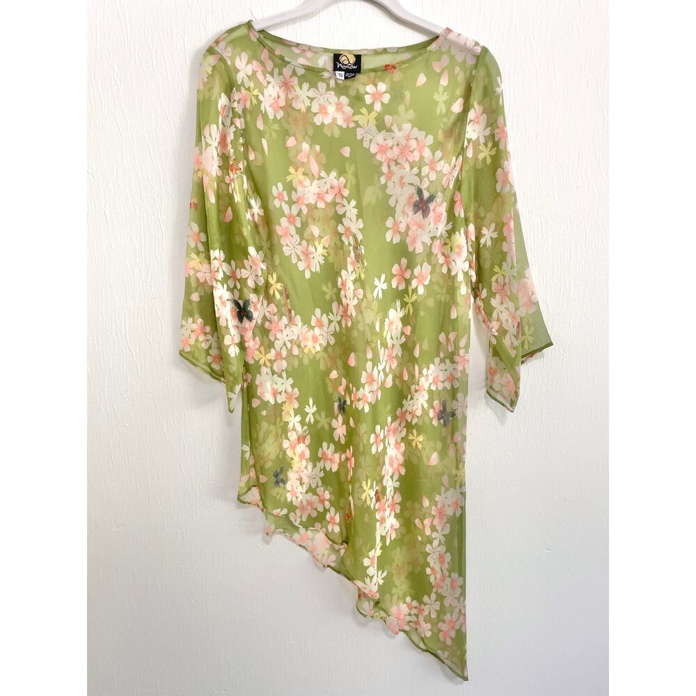 Anne Namba Silk Blouse S Green Sheer Butterfly Fairy Garden Asymmetric Whimsical